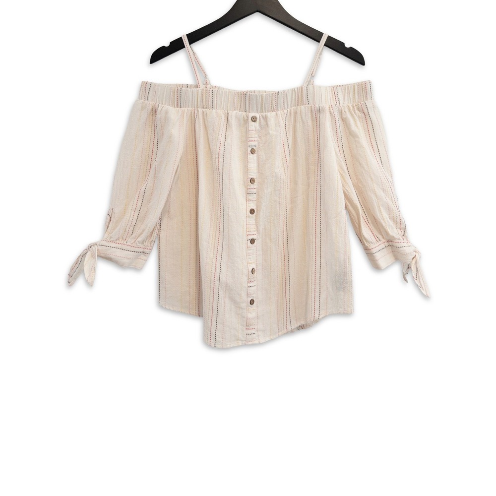 IZ Byer Cold Shoulder Top Women Large Cream Striped Boho Blouse Festival Shirt